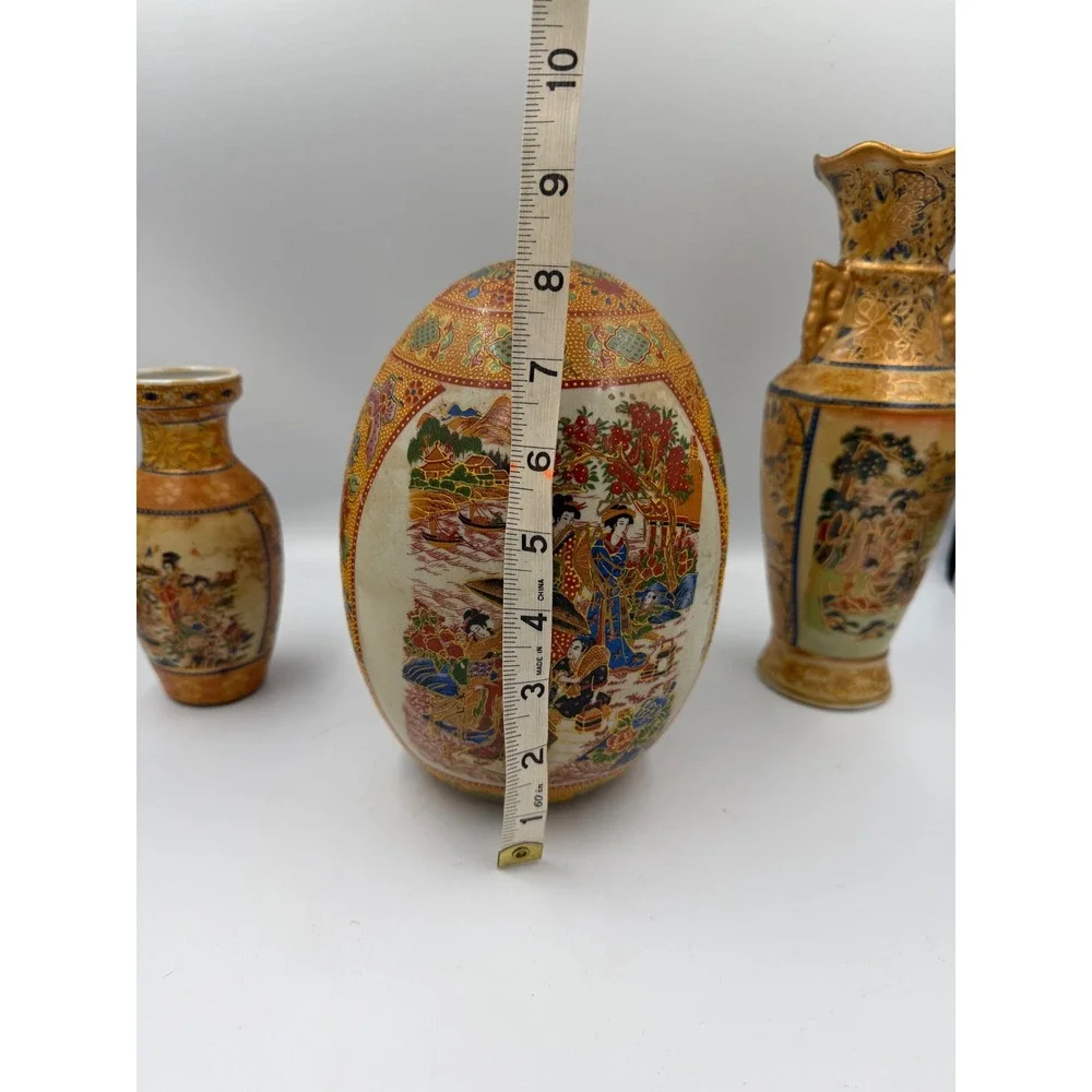 Vintage Satsuma Style Porcelain Set Geisha Vases Decorative Egg Ashtray 4pc